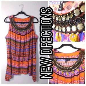 New Directions Woman High Cut Shoulder tunic tank w/ embellished neckline Sz XL